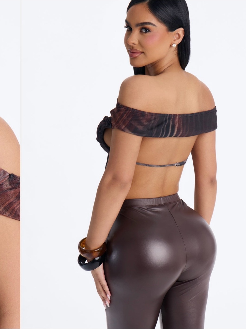 Fashion Nova Strapless Brown & Black Tie-Dye Drape Front Dress with Gold Ring - Picture 3 of 3